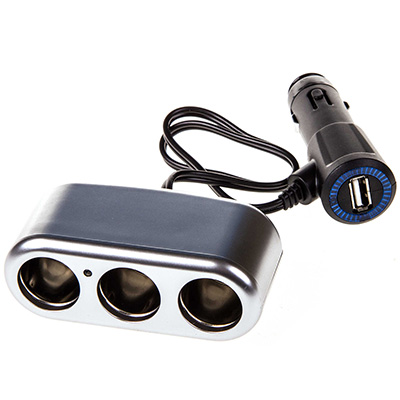 Разветвитель прикуривателя 3 гнезда + USB  SKYWAY Серебристый, предохранитель 10А, USB 1A