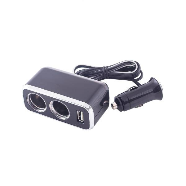 Разветвитель прикуривателя 2 гнезда + USB  SKYWAY Черный, предохранитель 10А, USB 1A