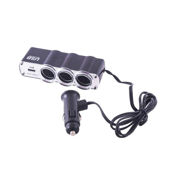 Разветвитель прикуривателя 3 гнезда + USB SKYWAY Черный предохранитель 5А, USB 2A S02301023
