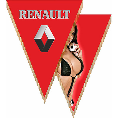 Вымпел треугольный RENAULT с девушкой фон красный буквы серебро (260х200) цветной  (уп.1шт) SKYWAY