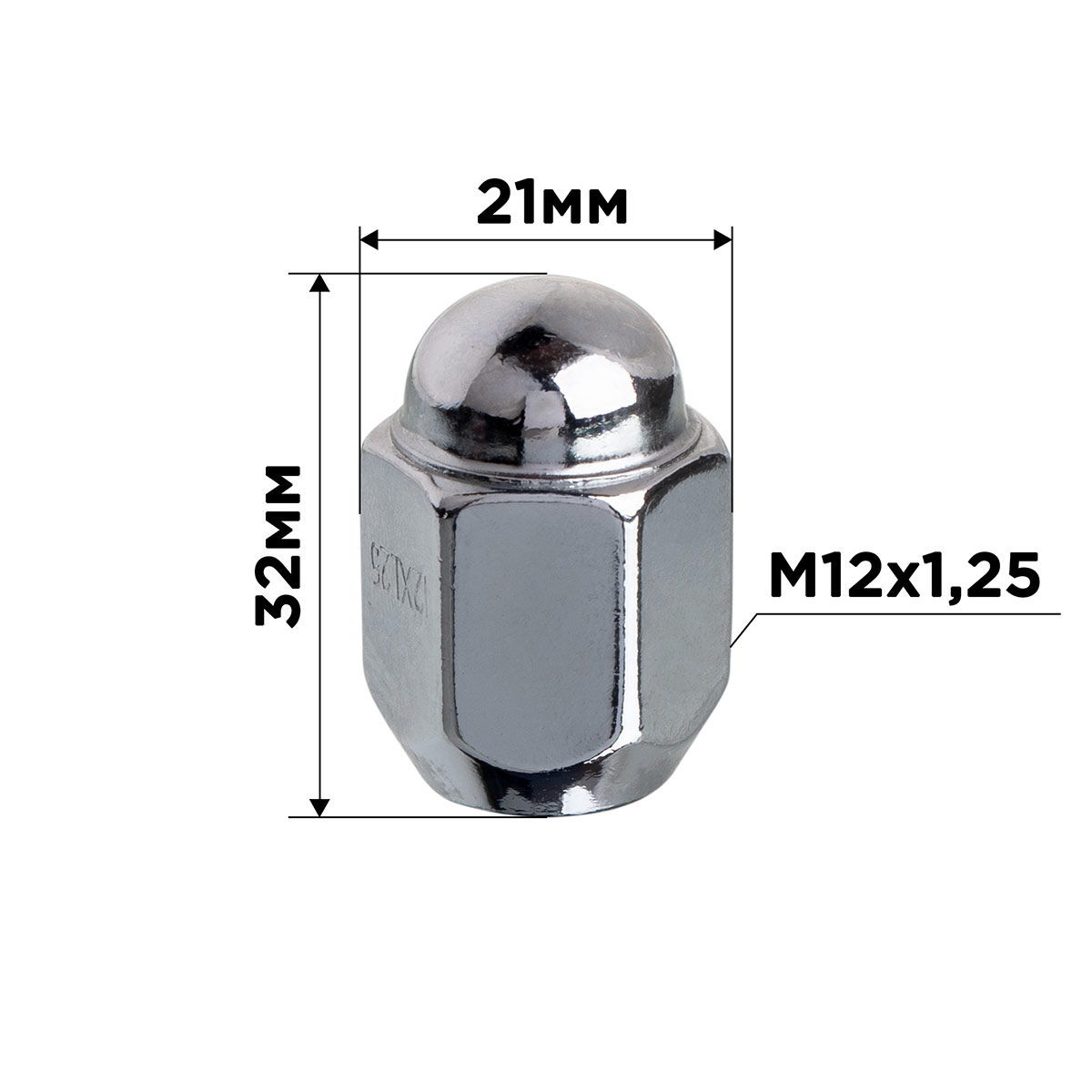 Гайка конус M12х1,25 закрытая 32мм кл21мм хром SKYWAY 004 min20