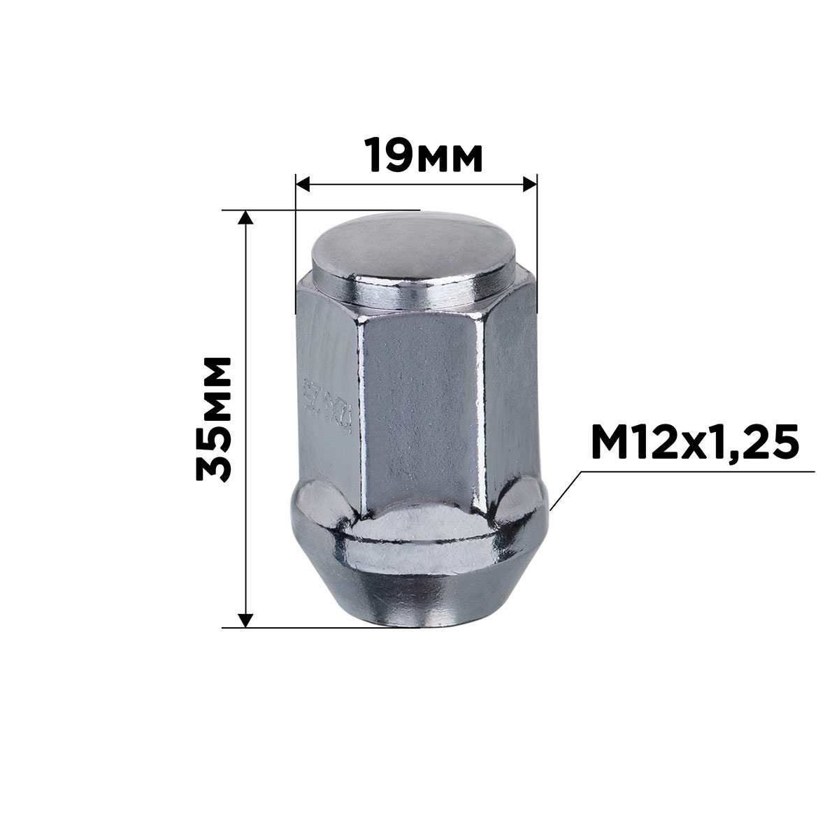 Гайка конус M12х1,25 закрытая с выступом 35мм кл19мм хром SKYWAY 009 min20