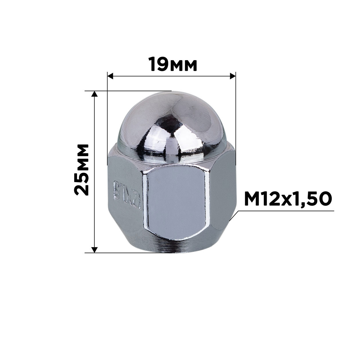 Гайка конус M12х1,50 закрытая 25мм кл3/4"(19мм) хром SKYWAY 019 min20