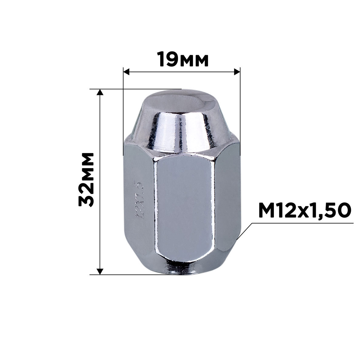 Гайка конус M12х1,50 закрытая 32мм кл19мм хром SKYWAY 023 min20