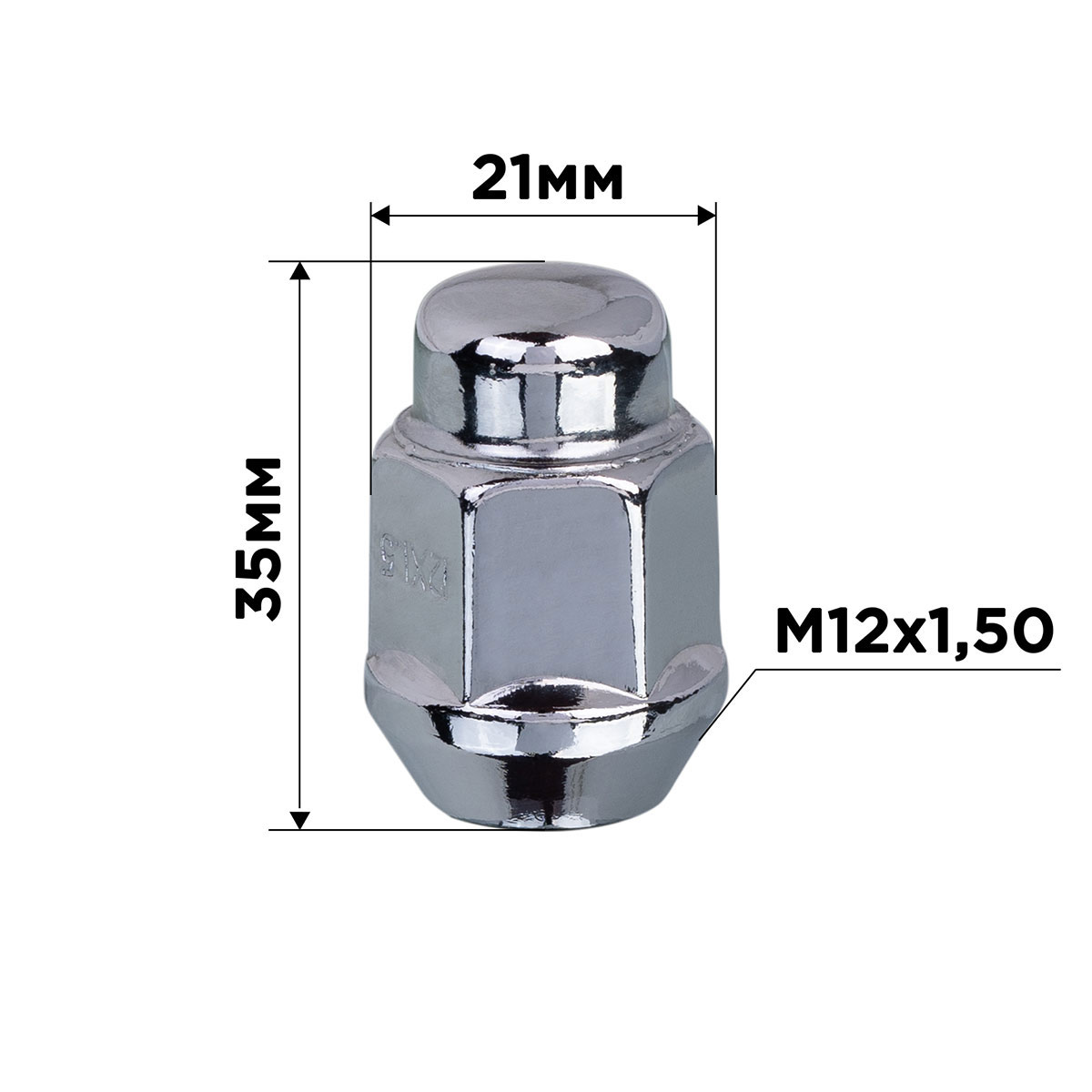 Гайка конус M12х1,50 закрытая 35мм кл13/16"(21мм) хром SKYWAY 025 min20