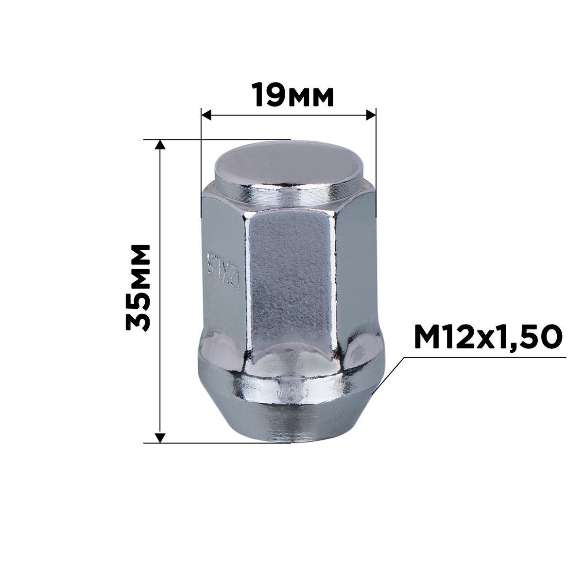 Гайка конус M12х1,50 закрытая с выступом 35мм кл19мм хром SKYWAY 027 min20